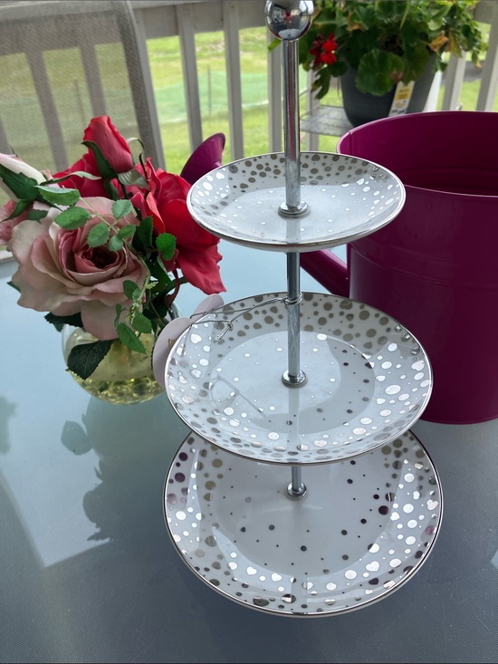 Shimmer Other - Porcelain 3 Tier White Serving Dish With Sparkling Silver Polka Dots
